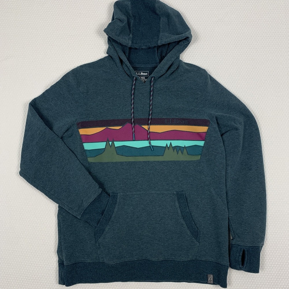 L.L. Bean Comfort Camp Hoodie Womens M Teal Graphic Mountain Pullover 505617 - Picture 2 of 16